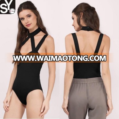 Deep plunge bodysuit,Feature front new maribel choker bodysuit in black