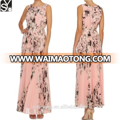 Woman Long Dress Pattern New Pleated Pink Floral Print Elegant Chiffon Maxi Dress