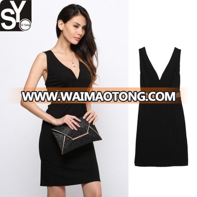 Guangdong fashion manufacturer black sexy deep v neck midi dress designer clothing made in china