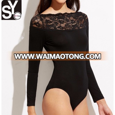 2017 latest women long sleeve bodysuit, lace crochet viscose stretchable sexy bodysuit