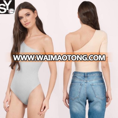 Dongguan clothing manufacturer ribbed sexy half sleeve open crotch one shoulder bodysuit